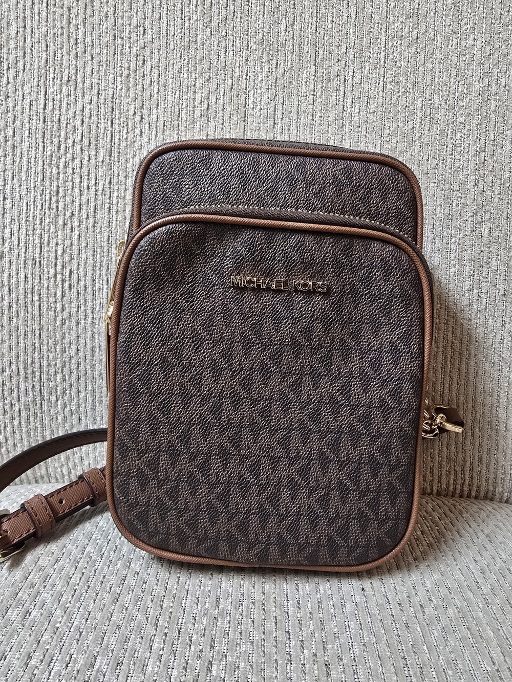 Michael Kors Brown Logo-Print Messenger Bag with Gold Hardware